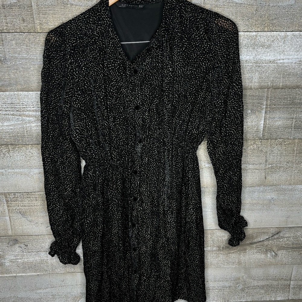 Zara woman black velvet polka dot button down dress